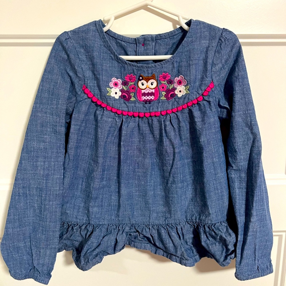Gymboree denim top with embroidered owls, button back, size 6